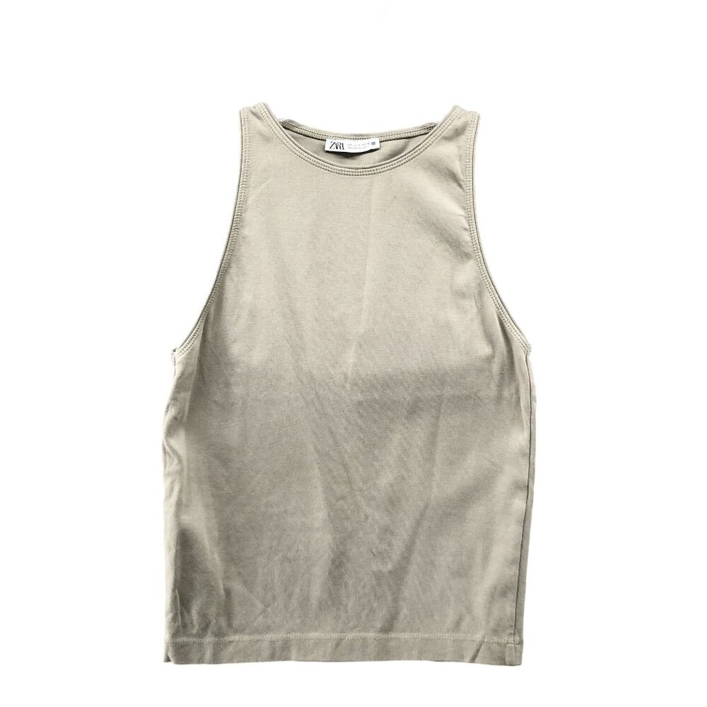 Zara Tank Top Womens M Olive Green High Neck‎ Round Neck Stretch Fitted